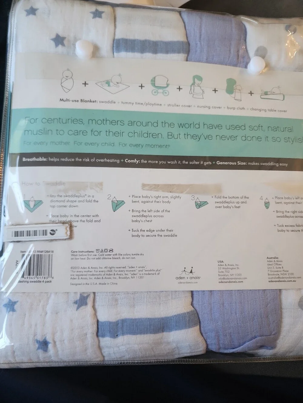 aden + anais Blue and White Muslin Swaddleplus Blanket Set Lot New Stars 2013